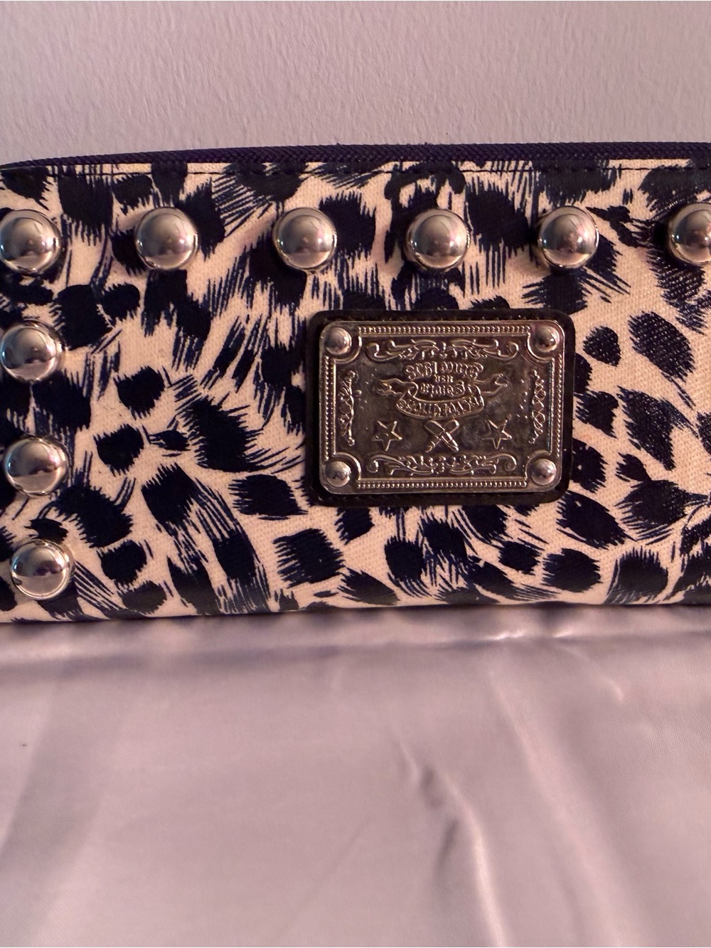 Studded Leopard Print wallet - Blue & Cream